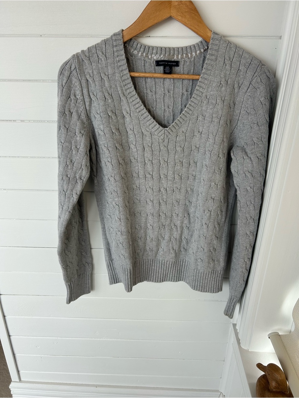 Tommy Hilfiger Gray Cable Knit V-Neck Sweater 100% Cotton Size Large